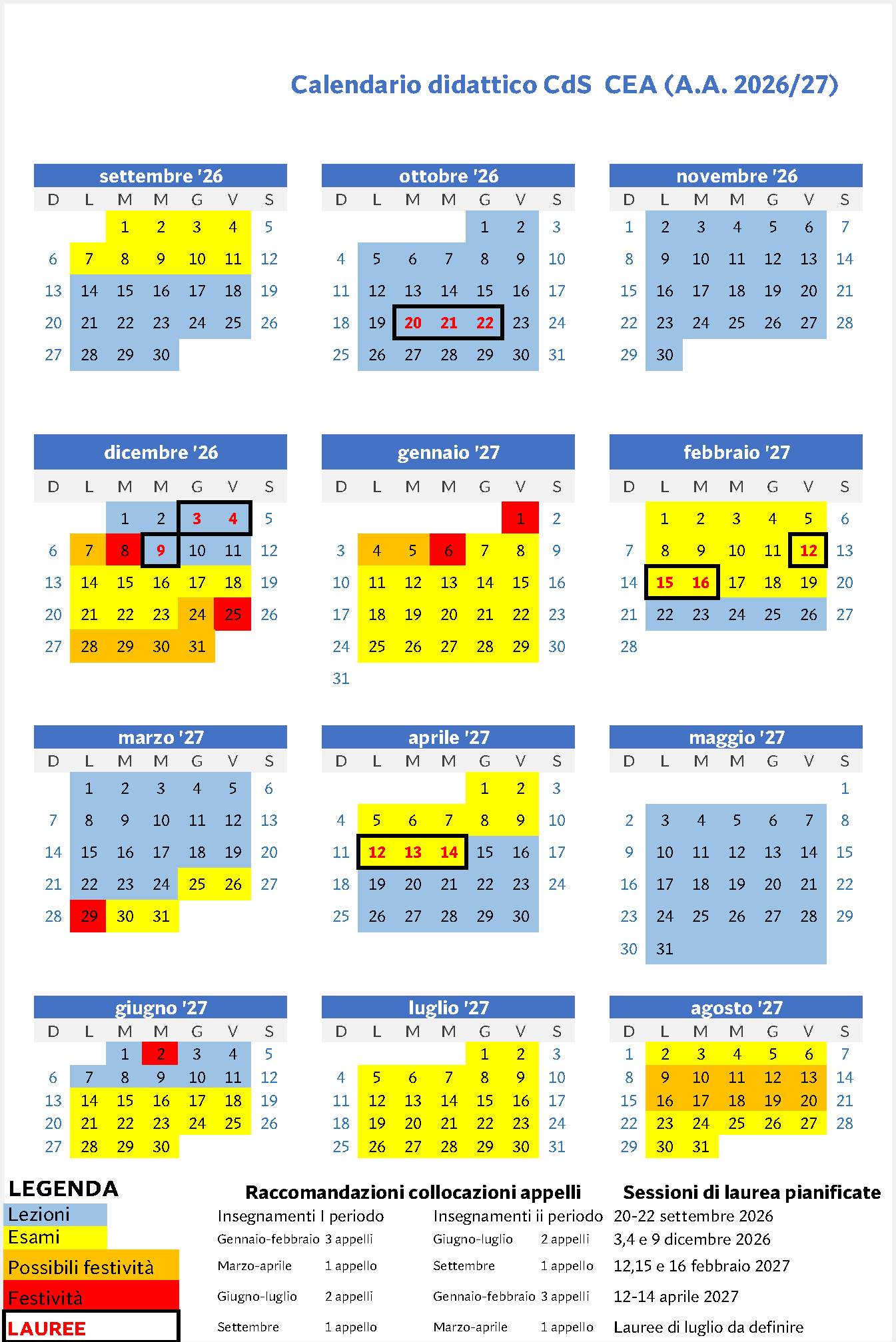 Calendario didattico del Corso di Studio CEA per l'anno accademico 2026/2027.